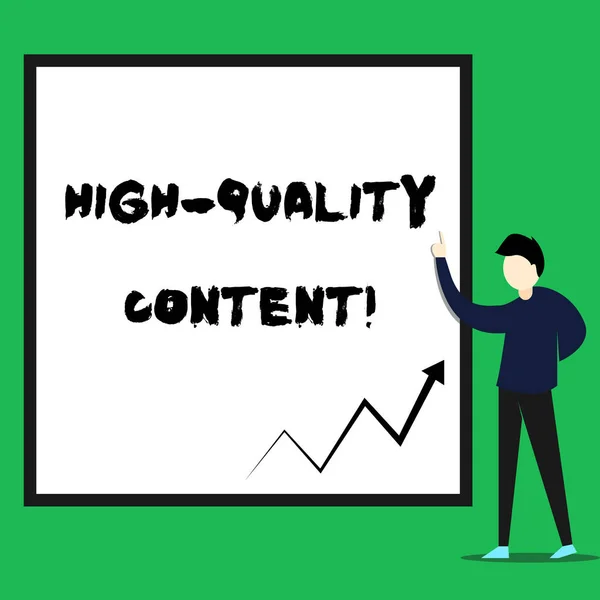 Writing note showing High Quality Content. Business photo showcasing Website is Useful Informative Engaging to audience Young man standing pointing up rectangle Geometric background.