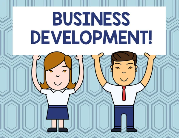 Text sign showing Business Development. Conceptual photo Implement Growth Value within and between company Two Smiling People Holding Big Blank Poster Board Overhead with Both Hands. — Stock Photo, Image