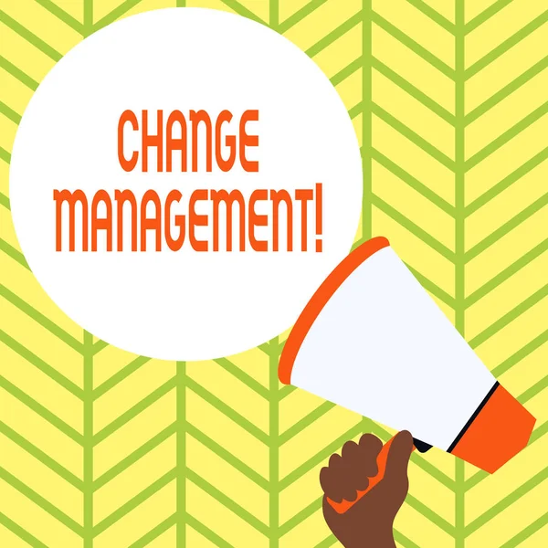 Conceptual hand writing showing Change Management. Business photo showcasing Replacement of leadership in an organization New Policies Hand Holding Loudhailer Speech Text Balloon Announcement New.
