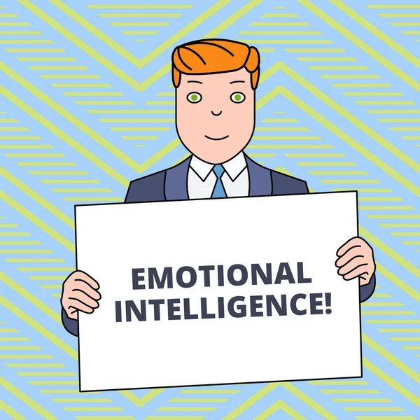 Text sign showing Emotional Intelligence. Conceptual photo Self and Social Awareness Handle relationships well Smiling Man Holding Formal Suit Big Blank Poster Board in Front of Himself.