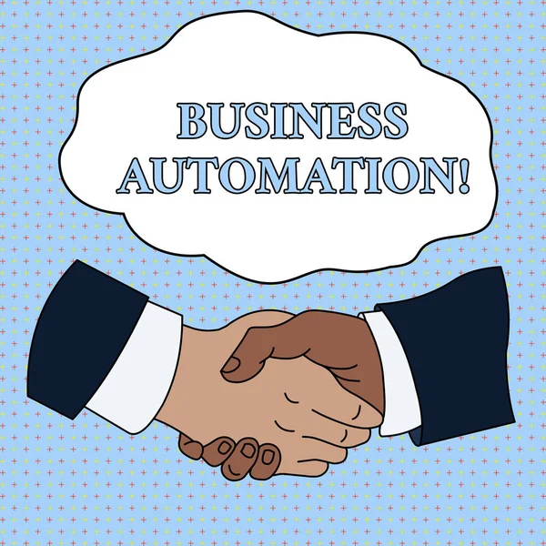 Word Writing Text Business Automation. Geschäftskonzept für die digitale Transformation optimiert für Einfachheit Handschlag multirassischen männlichen Geschäftspartnern Kollegen formalen Hemdanzug. — Stockfoto