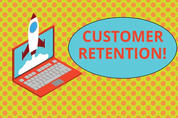 Text sign showing Customer Retention. Conceptual photo Keeping loyal customers Retain analysisy as possible Rocket launching clouds laptop background. Startup project growing. SEO.