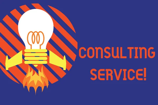 Tekst pisma ręcznego Consulting Service. Pojęcie pojęcia eksperci, którzy oferują wiedzę osobie trzeciej za opłatą widok Top uruchomienie żarówki rakieta bazy ognia. Rozpoczęcie nowego projektu. Pomysł na paliwo. — Zdjęcie stockowe