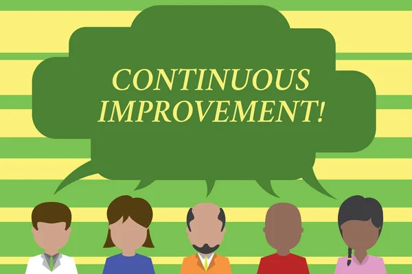 Text sign showing Continuous Improvement. Conceptual photo Ongoing Effort to Advance Never ending changes Five different races persons sharing blank speech bubble. People talking. — Stock Photo, Image