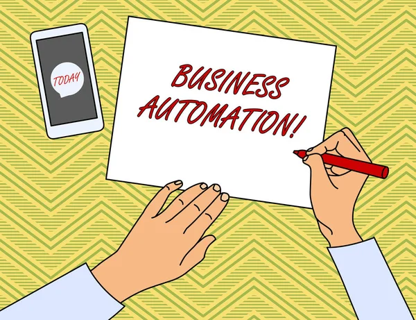 Skriv anteckning som visar Business Automation. Business foto skylvisa för digital Transformation strömlinjeformad för enkelhet Top view man skriva papper penna smartphone meddelande ikon. — Stockfoto