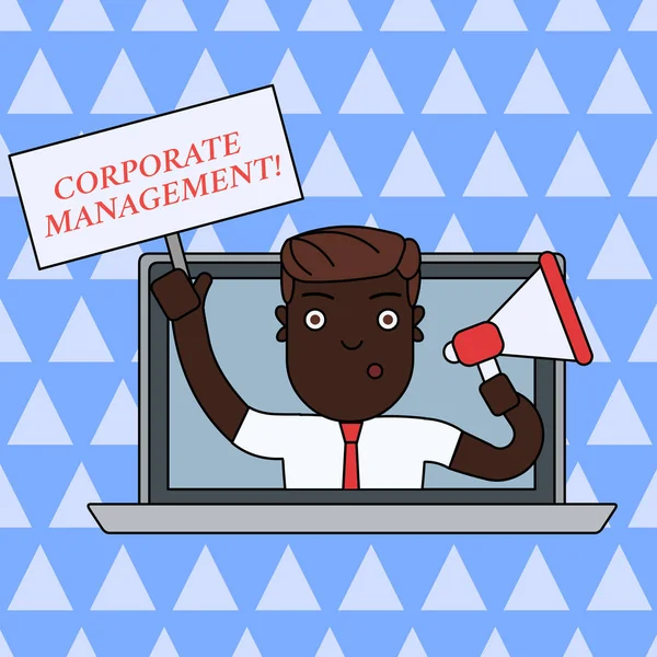 Handwriting text writing Corporate Management. Concept meaning all Levels of Managerial Personnel and Excutives Man Speaking Through Laptop Screen into Megaphone Blank Plate with Handle. — Stock Photo, Image