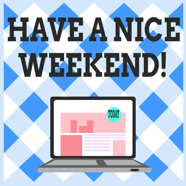 Word writing text Have A Nice Weekend. Business concept for wishing someone that something nice happen holiday Open Modern Laptop Switched On with Website Homepage on Screen Web Search. — Stock Photo, Image
