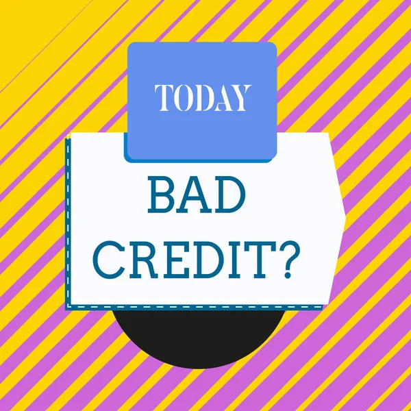 Conceptual hand writing showing Bad Credit Question. Business photo showcasing history when it indicates that borrower has high risk Electronic device with non symmetrical triangle for printing. — Stock Photo, Image