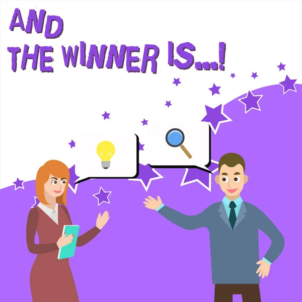 Word skriva text och vinnaren är. affärs idé för att tillkännage vem som fick första plats på konkurrens eller tentamen Business Partners kollegor gemensamt söker problem lösning generera idé. — Stockfoto