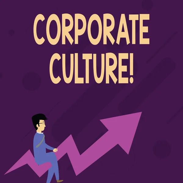 Word writing text Corporate Culture. Business concept for Beliefs and ideas that a company has Shared values Businessman with Eyeglasses Riding Crooked Color Arrow Pointing Going Up.