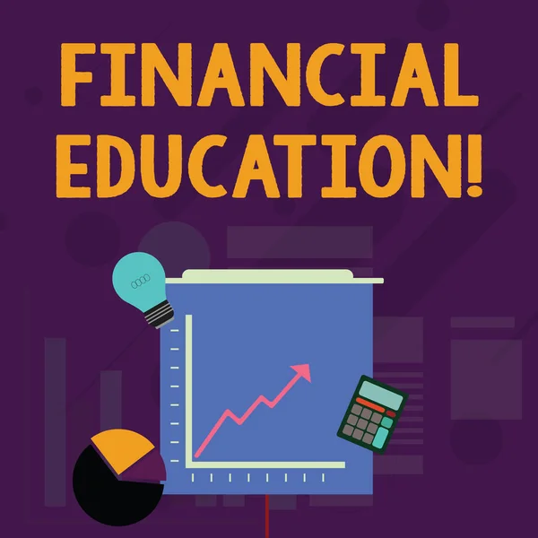 Word-írás szöveg pénzügyi oktatás. Üzleti koncepció megértése monetáris területeken, mint a pénzügyi és befektetés befektetési ikonok a pite és a vonalas diagram nyíllal megy, izzó, számológép. — Stock Fotó