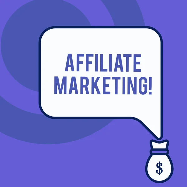 Schreiben Notiz zeigt Affiliate-Marketing. Business-Foto präsentiert die Förderung eines anderen Vorführungen Produkt verdienen eine Provision Frontansicht Sprechblase zeigt auf Dollar usd Geld. — Stockfoto