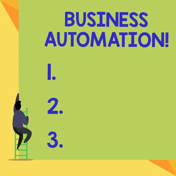 Writing note showing Business Automation. Business photo showcasing for Digital Transformation Streamlined for Simplicity Back view Man climbing up staircase ladder lying big blank rectangle.