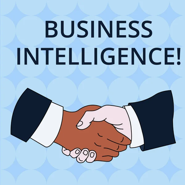 Word writing text Business Intelligence. Business concept for Best Practice of Information to Optimize Perforanalysisce Hand Shake Multiracial Male Business Partners Colleagues Formal Shirt Suit.