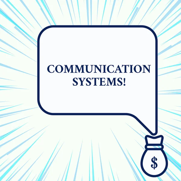 Handwriting text writing Communication Systems. Concept meaning Flow of Information use of Machine to transmit signals Isolated front view speech bubble pointing down dollar USD money bag icon.