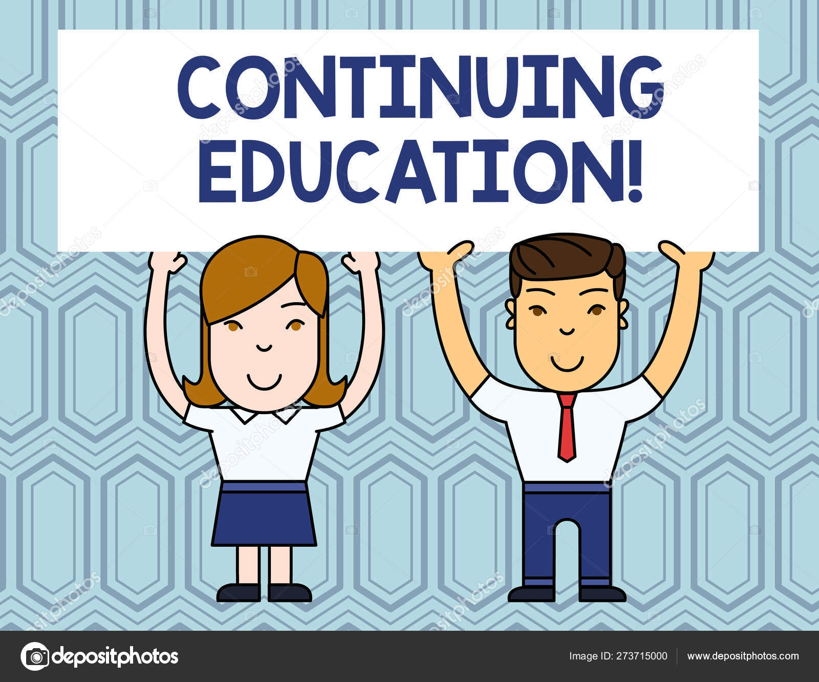 Text sign showing Continuing Education. Conceptual photo Continued Learning  Activity professionals engage in Two Smiling People Holding Big Blank  Poster Board Overhead with Both Hands. Stock Illustration by ©artursz  #273715000, image size:1600x1331