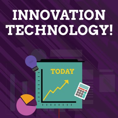 Yenilik teknolojisini gösteren kavramsal el yazısı. İş fotoğraf metni yeni fikir veya yöntem teknik veya bilimsel doğa yatırım simgeleri pasta ve çizgi grafik ok gidiş yukarı.
