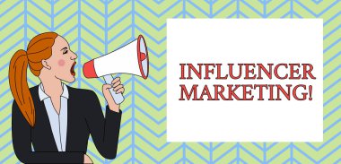 Kavramsal el yazma gösteren Influencer Marketing. Potansiyel hedef müşterileri etkileyen iş fotoğraf metni endorser kadın ceket Ponytail loudhailer içine çığlık dikdörtgen kutu.