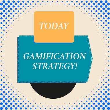 Gamification stratejisi gösteren Not yazma. İş fotoğraf vitrine kullanım motivasyonu için ödüller entegre oyun mekaniği dikdörtgen kare yukarıda yarım daire aşağı geometrik arka plan.