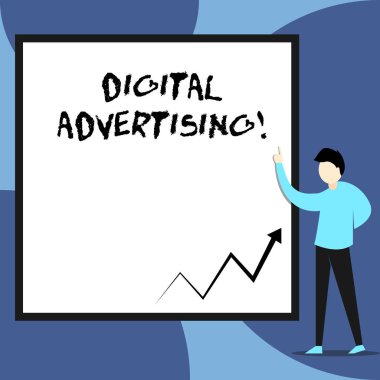 Kelime metin dijital reklam yazma. Online pazarlama için iş konsepti promosyon mesajları teslim kampanya görünümü boş dikdörtgen gösteren genç adam ayakta geometrik arka plan.