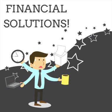 Word yazılı metin finansal çözümler. Sigorta ve koruma Ihtiyaçlarına tasarruf için iş kavramı erkek çalışan Yöneticisi çok silahlı multitasking Meet son dikkat dışarı vurguladı.