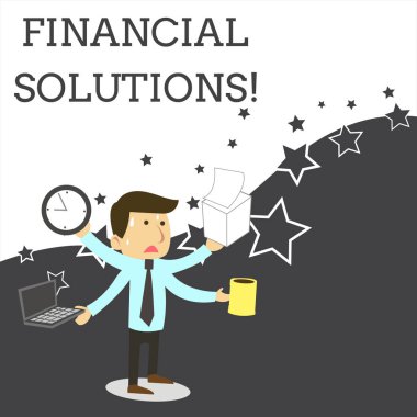 Word writing text Financial Solutions. Business concept for to Save Money on Insurance and Protection Needs Stressed Out Male Employee Manager Many Armed Multitasking Meet Deadline. clipart