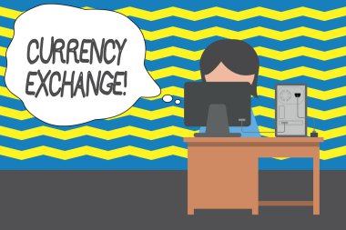 El yazısı metin döviz bozdurma. Kavramı anlamı başka bir Forex içine bir para birimi değiştirme süreci genç kadın çalışma ofis oturma masaüstü bilgisayar ofis monitör fotoğraf.