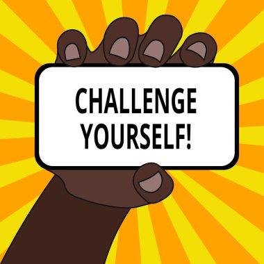Word yazma metin kendinizi Challenge. Yüksek standartların ayarlanması için iş konsepti, boş ekran ve metin alanı ile el ile tutulan Smartphone aygıtının Imkansız çekim için hedefliyoruz.