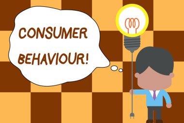 Tüketici davranışlarını gösteren kavramsal el yazısı. İş fotoğraf metni bir ürün satın almak veya almak için yapmak gösteren kararlar ayakta adam kravat tutan fiş soket ampul fikir başlangıç.