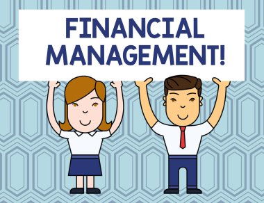 Mali yönetimi gösteren metin işareti. Kavramsal fotoğraf verimli ve etkili bir şekilde para ve fonlar yönetmek Iki gülen Insanlar Holding büyük boş poster kurulu yükü her Iki eller ile.