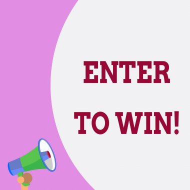 Win 'e gir işaretini gösteren metin işareti. Ödül şansı kazanan ödül için bir şey değeri değişimi kavramsal fotoğraf küçük megafon ile yarım parça boş büyük balon boş metin. Duyuru.