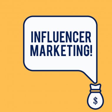 Word yazma metin Influencer pazarlama. Potansiyel hedef müşterileri etkileyen endorser için iş kavramı Izole ön görünüm konuşma kabarcık dolar aşağı işaret USD para çantası simgesi.