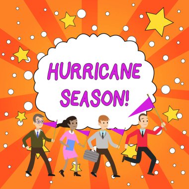 El yazısı metni Hurricane sezonu. Konsept anlam zaman en tropikal siklonlar lider koşu gösteri toplantısı başkanlığında Insanlar Crowd bayrakları pennants geliştirmek için bekleniyor.