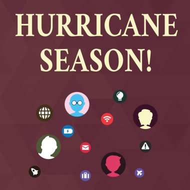 Hurricane sezonu gösteren Not yazma. En tropikal siklonlar ağ Teknik simgeleri geliştirmek için beklenen zaman iş fotoğrafı vitrine zaman bağlantı için ekran üzerinde Heads sohbet.