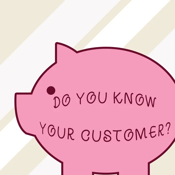 단어 쓰기 텍스트 고객의 질문을 알고 있습니다. 서비스에 대 한 비즈니스 개념 관련 정보를 가진 클라이언트 식별 측면 보기 추상적인 기하학적 배경 평면 디자인 큰 돼지 저금통. — 스톡 사진