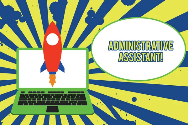 Text skylt som visar administrativ assistent. Konceptuell foto administration support specialist kontors uppgifter lanserar raket upp laptop. Startup-projekt. Utveckla mål sättningar. — Stockfoto