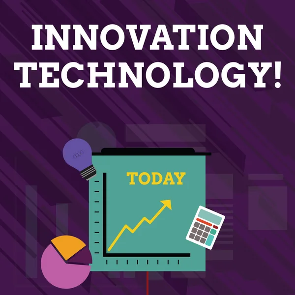 Conceptuele hand schrijven toont innovatie technologie. Business foto tekst nieuw idee of methode van technische of wetenschappelijke aard investeringen iconen van Pie en lijndiagram met pijl omhoog gaan. — Stockfoto