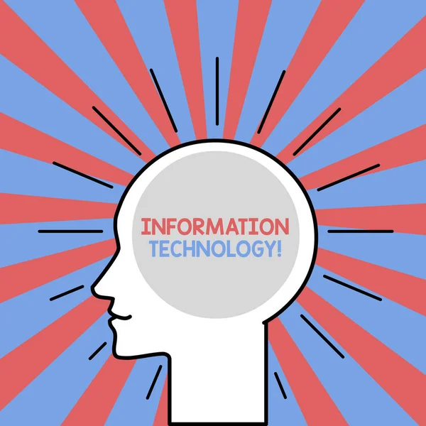 Tekst bord met informatietechnologie. Conceptuele foto gebruik systemen op te slaan ophalen verzenden gegevens omtrek silhouet menselijk hoofd omgeven door lichtstralen lege tekst ruimte. — Stockfoto