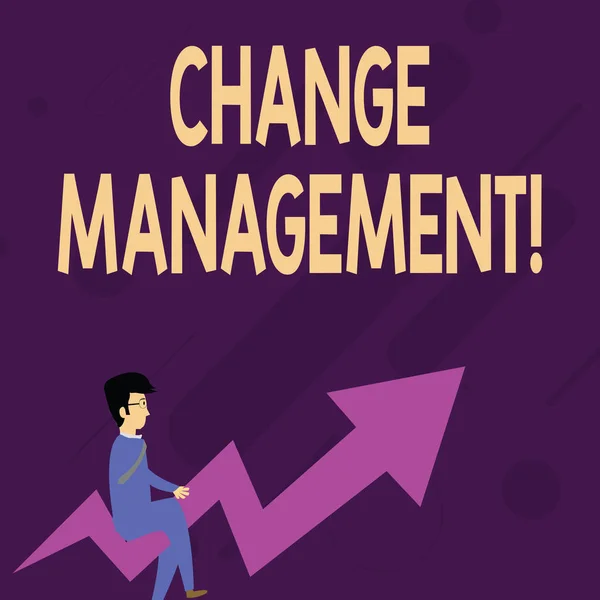Word writing text Change Management. Business concept for Replacement of leadership in an organization New Policies Businessman with Eyeglasses Riding Crooked Color Arrow Pointing Going Up.