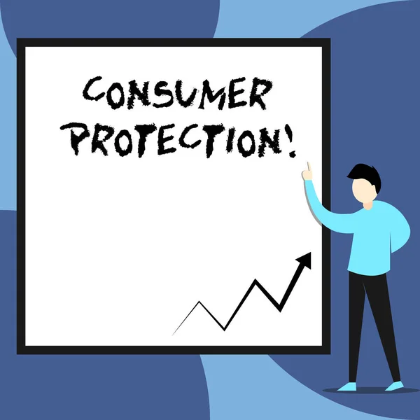 Word writing text Consumer Protection. Business concept for Fair Trade Laws to ensure Consumers Rights Protection View young man standing pointing up blank rectangle Geometric background.