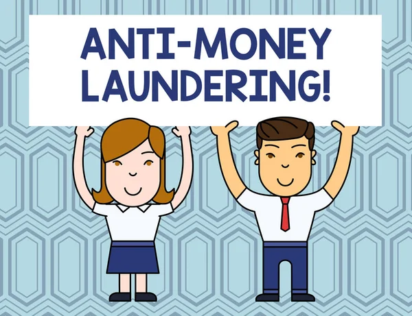 Text sign showing Anti Money Laundering. Conceptual photo stop generating income through illegal actions Two Smiling People Holding Big Blank Poster Board Overhead with Both Hands.