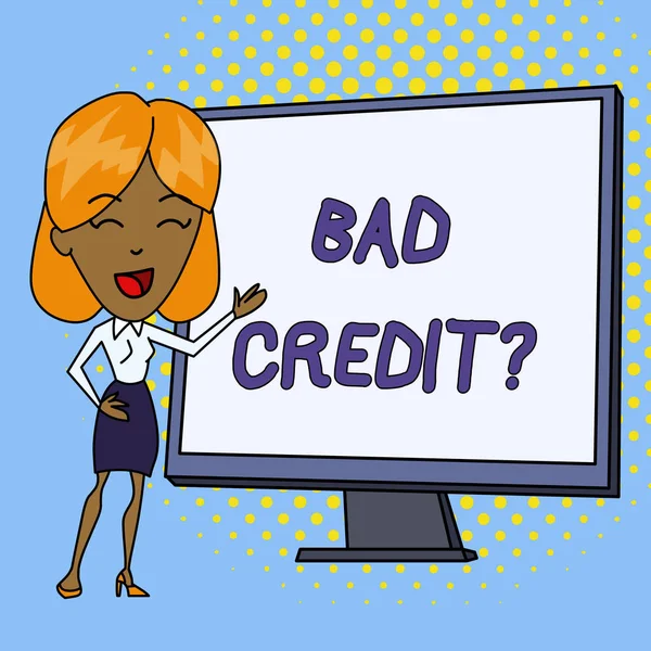Word writing text Bad Credit Question. Business concept for history when it indicates that borrower has high risk White Female in Standing Pointing Blank Screen Whiteboard Presentation.
