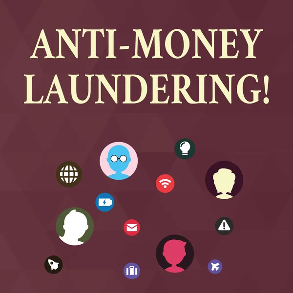 Writing note showing Anti Money Laundering. Business photo showcasing regulations stop generating income through illegal actions Networking Technical Icons Chat Heads on Screen for Link Up.