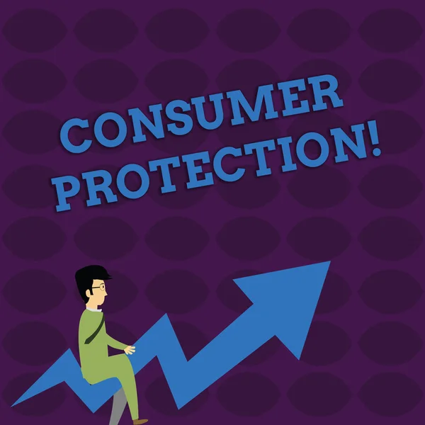 Χειρόγραφο κείμενο που γράφει προστασία καταναλωτών. Έννοια που σημαίνει δίκαιο εμπόριο νόμους για να εξασφαλίσει τους καταναλωτές δικαιώματα προστασίας επιχειρηματίας με γυαλιά ιππασίας στραβό χρώμα βέλος κατάδειξης πηγαίνει επάνω. — Φωτογραφία Αρχείου