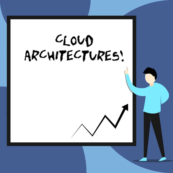 Texto para escrita de palavras Cloud Architectures. Conceito de negócio para vários bancos de dados engenheiros Software Aplicações Ver jovem apontando para cima retângulo em branco Fundo geométrico . — Fotografia de Stock