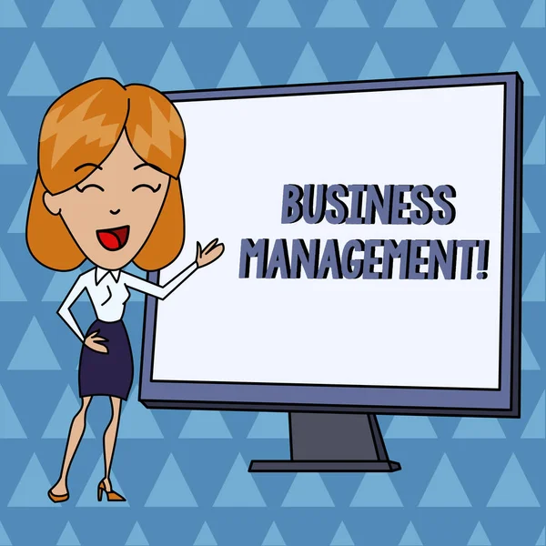 Text sign showing Business Management. Conceptual photo Overseeing Supervising Coordinating Business Operations White Female in Standing Pointing Blank Screen Whiteboard Presentation.