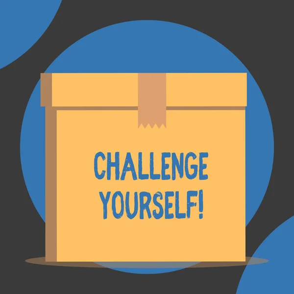 Handwriting text Challenge Yourself. Concept meaning Setting Higher Standards Aim for the Impossible Close up front view open brown cardboard sealed box lid. Blank background. — Stock Photo, Image