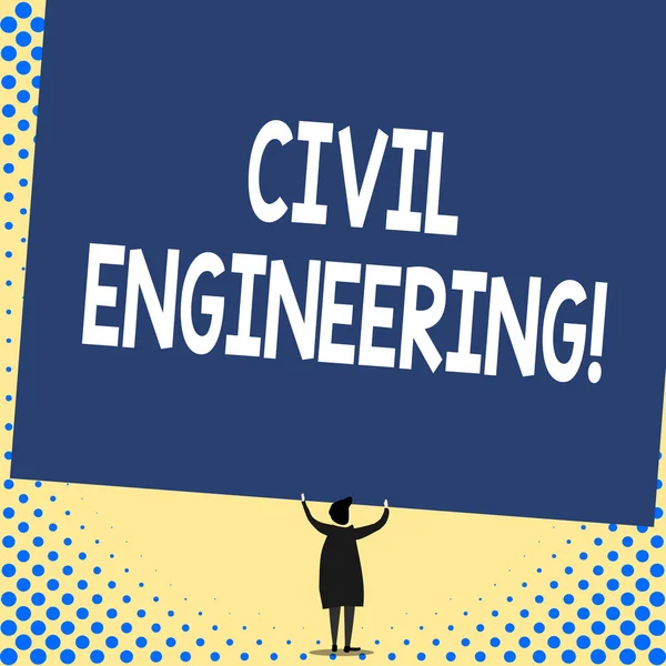 Word writing text Civil Engineering. Business concept for Planning Design Building of roads bridges public buildings Back view standing short hair woman dress hands up holding blank rectangle.