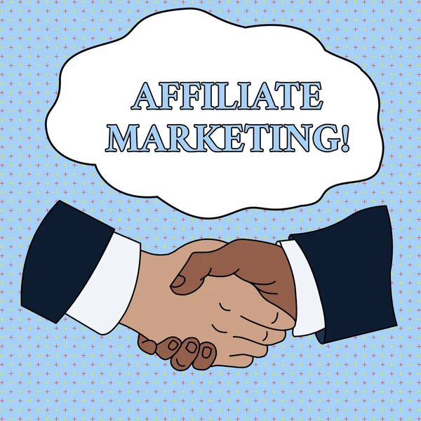 Word Writing Text Affiliate Marketing. Geschäftskonzept für die Förderung eines anderen Vorführprodukts verdient eine Kommission Handschlag multirassischen männlichen Geschäftspartnern Kollegen formale Hemd Anzug. — Stockfoto