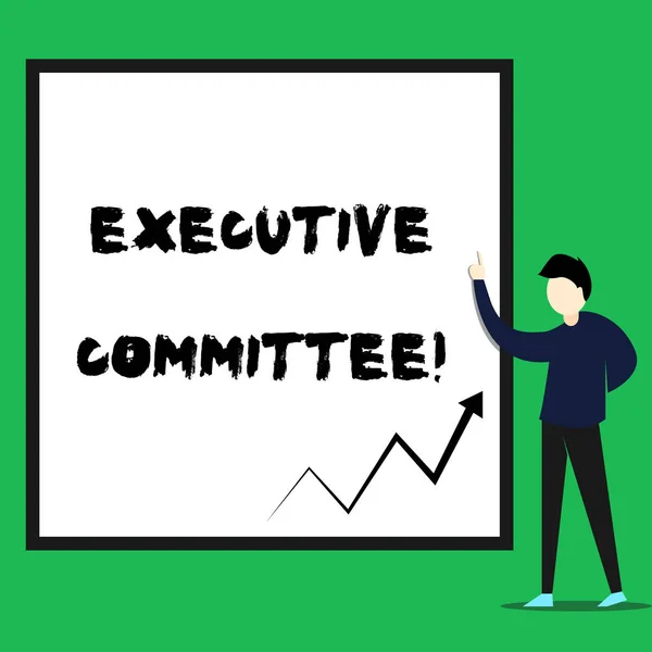 Writing note showing Executive Committee. Business photo showcasing Group of Directors appointed Has Authority in Decisions Young man standing pointing up rectangle Geometric background.